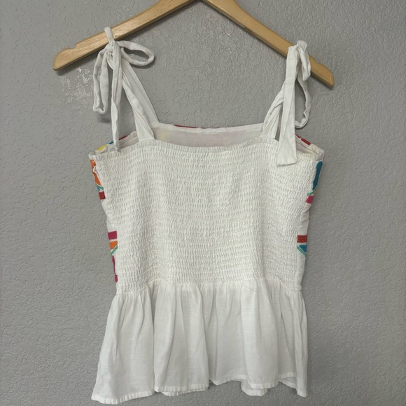 J Marie Shirt White Red Linen Smocked Embroidered Peplum Tie Shoulder Size S - Picture 4 of 4